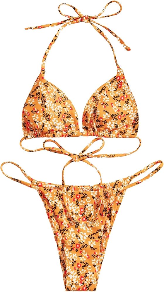 Women's 2 Piece Swimsuits Boho Floral Print Halter Triangle Tie Back Cheeky Bikini Bathing Suit