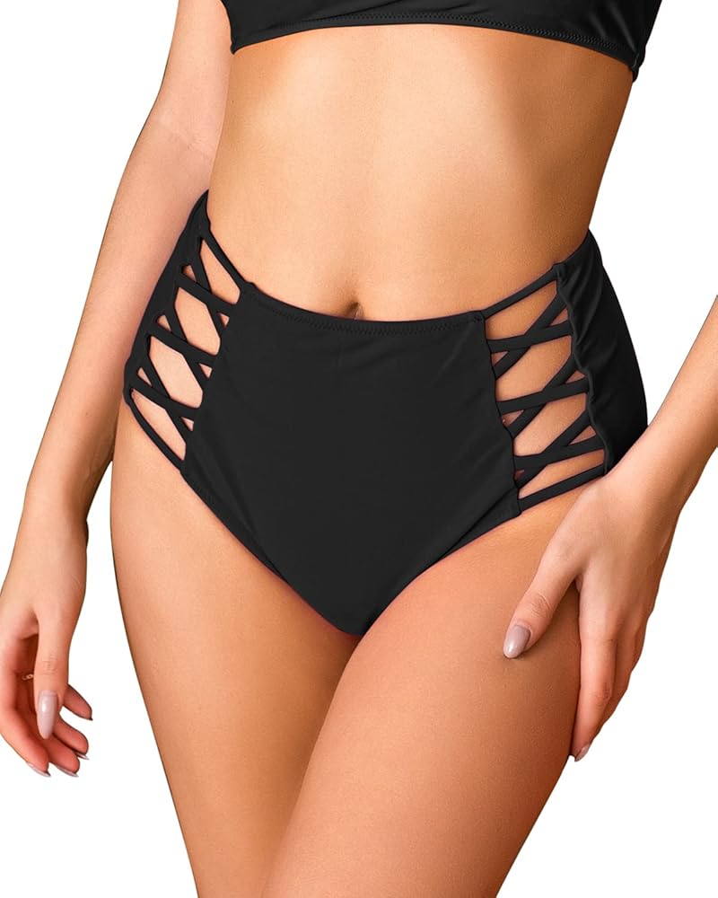 Annbon Strappy High Waisted Bikini Bottoms Tummy Control Bathing Suit Swimsuit Rave Bottoms for Women Full Coverage