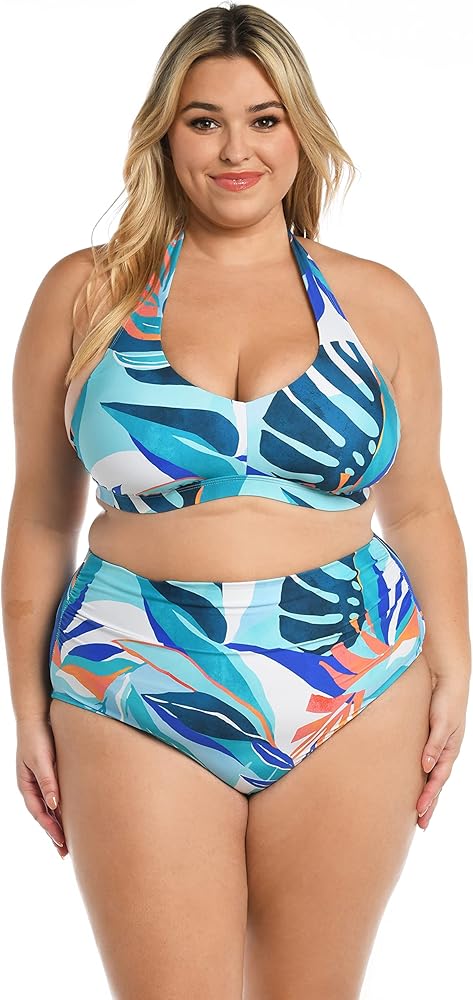 La Blanca Women's Banded Bikini Swimsuit Top, Ice Blue//Coastal Palms, 16W