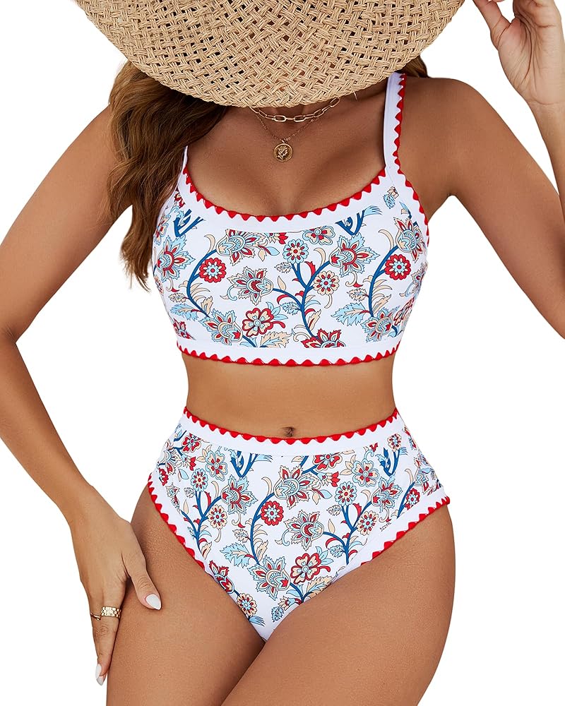 MELYUM High Waisted Bikini Sets for Women 2 Piece Tummy Control Swimsuit Floral Full Coverage Bathing Suit Teens Girls