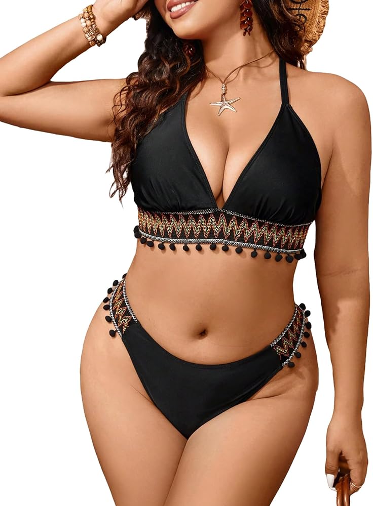 SOLY HUX Women's Plus Size Bikini Top Halter Tie Back Tassel Trim Swimsuit Bathing Suit Tops