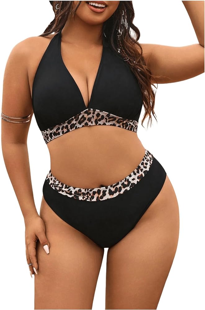 SOLY HUX Women's Plus Size Swimsuit Leopard Print Halter High Waisted Bikini Sets Two Piece Bathing Suits