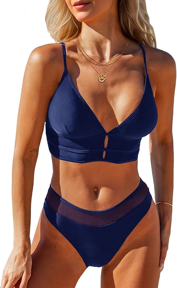 Saodimallsu Womens Mesh Bikini Sets Two Piece Push Up Swimsuits Sexy Cutout V Neck Spaghetti Straps Bathing Suits