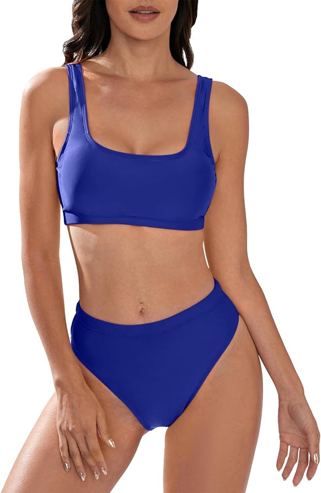 Women's High Waisted Bikini Sets Sporty Two Piece Swimsuits Solid Color Cheeky High Cut Bathing Suits