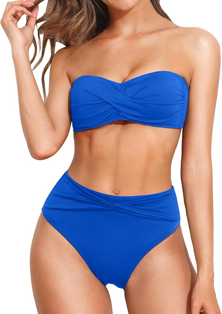 Tempt Me Women Bandeau Bikini Set Twist Strapless Two Piece Swimsuit High Cut High Waisted Bathing Suits