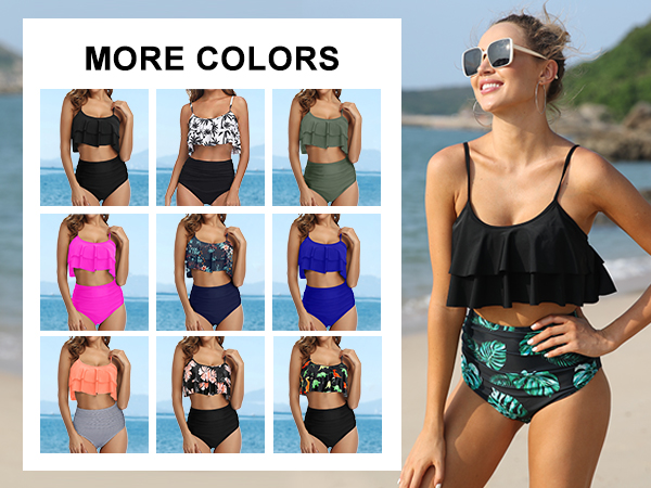  tummy control swimsuits for women, high waist bikini set ruffled, floral printed swimsuits