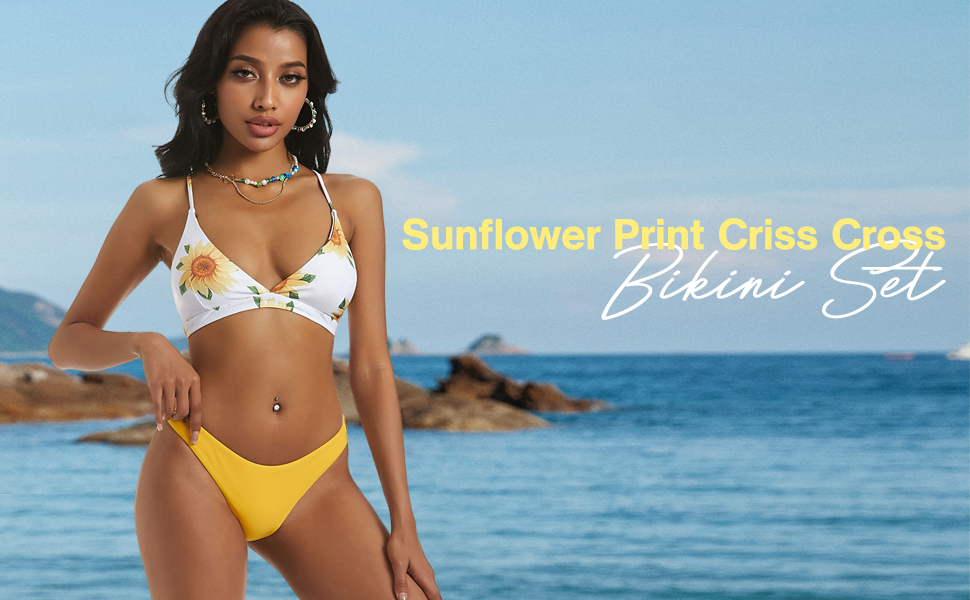 ZAFUL Women''s Sunflower Criss Cross Bikini Set Lace Up Swimsuit Flower Print High Cut Bathing Suit