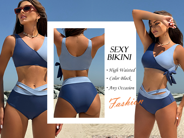 two piece siwmsuit for women high waisted bikini color block bathing suit tie side tank