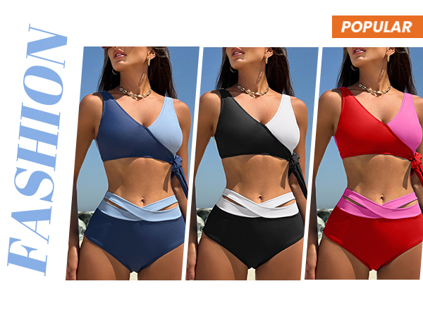 High Waisted Bikini Sets for Women Two Piece Swimsuit Color Block Bathing Suit Tie Side Tank Top