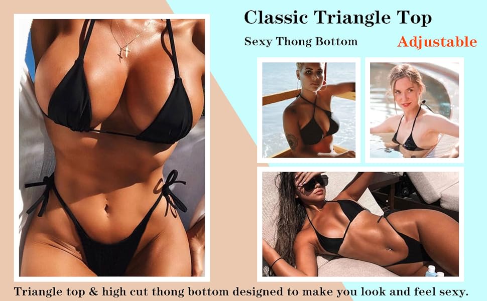 Women''s Two Piece Bikini Swimsuit Sexy Ribbed Triangle Top Bathing Suits String Cheeky Bikini Sets