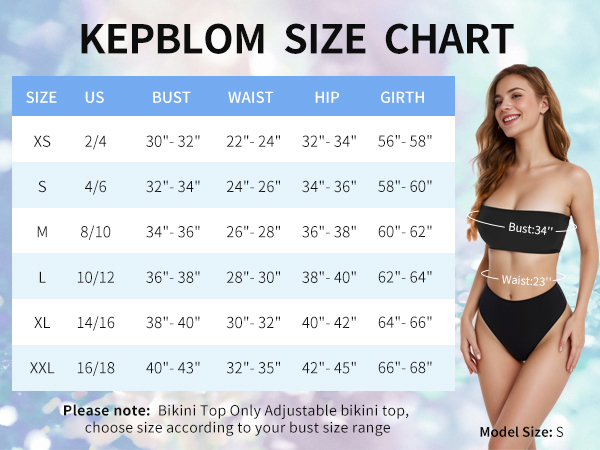 size chart of bandeau bathing suit top