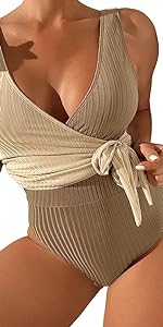 Women''s Color Block V Neck Wrap Tie Side Onepiece Swimsuit