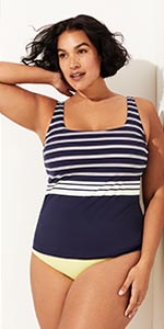 A woman in a square neck underwire tankini top with adjustable straps.