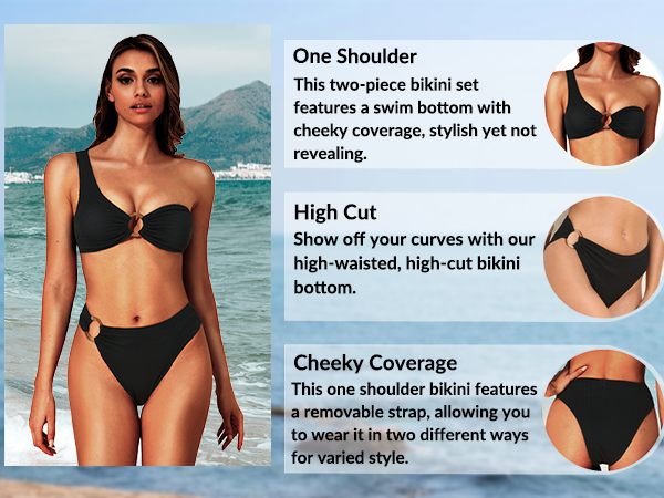 Women One Shoulder Bikini Ribbed Swimsuit O Ring Bikini Two Piece Bathing Suit Cheeky Swimwear