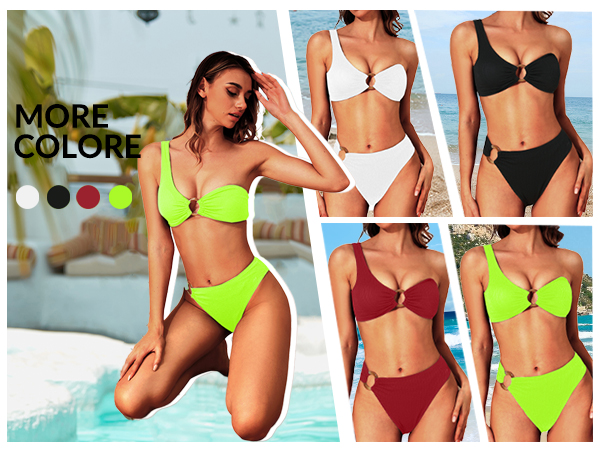 Women One Shoulder Bikini Ribbed Swimsuit O Ring Bikini Two Piece Bathing Suit Cheeky Swimwear