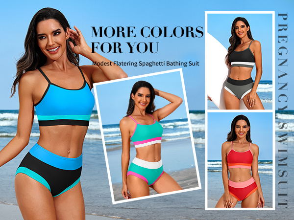  Bikini Sets Color Block Two Piece Swimsuit High Neck Bathing Suits Swimwear 