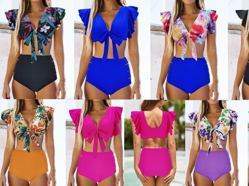 Binlowis High Waist Flounce Bikini Set Women Front Knot Side Bandage Two Piece Swimsuit Beachwear