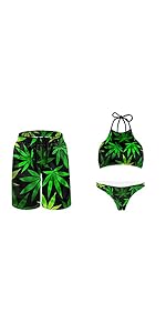 Green Leaves Couple Swimsuits Matching Set