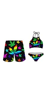 Multicolored Leaf Couple Swimsuits Set