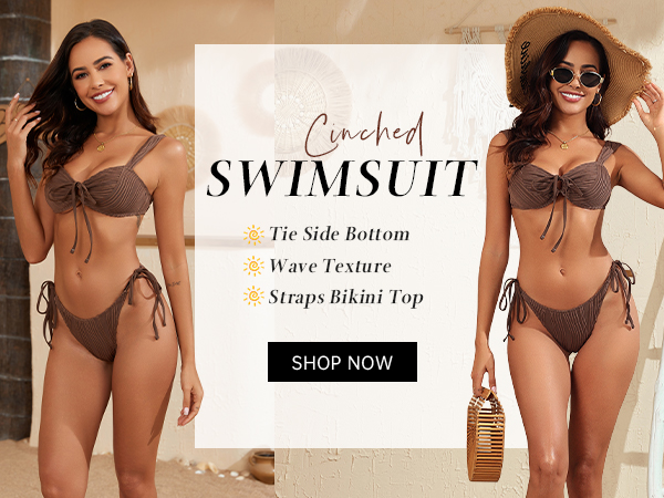 ZAFUL Sexy Plunging Neck Cinched Wave Textured Front Knotted Cheeky Bikini Sets