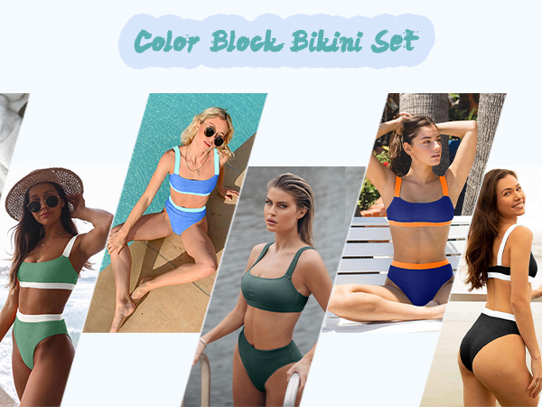 High Waisted Bikini Set Sports Color Block