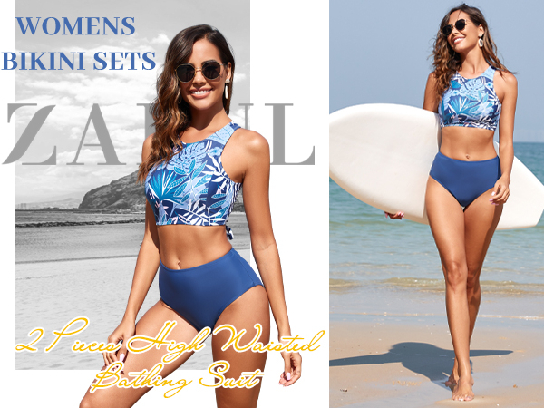 ZAFUL Women Two Piece High Neck Bikini Set Cutout Criss Cross Bandage Bathing Suit