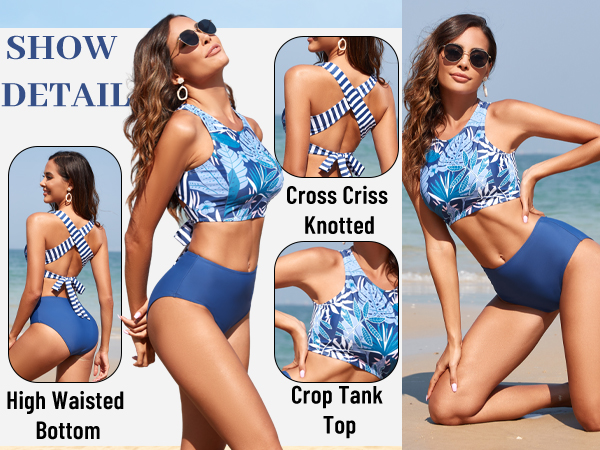 ZAFUL Women''s Sport Crop Tank Top Retro Bikini Set Tummy Control Wrap Swimsuit Lace Up Bathing Suit