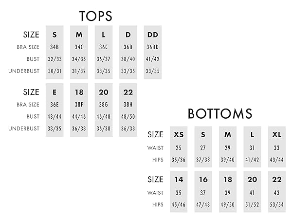 Sunsets size chart for tops and bottoms