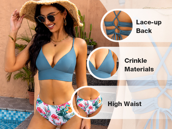 ZAFUL Women''s Criss Cross Back Bikini Set V Neck Two Piece Bathing Suit High Waisted Swimsuit