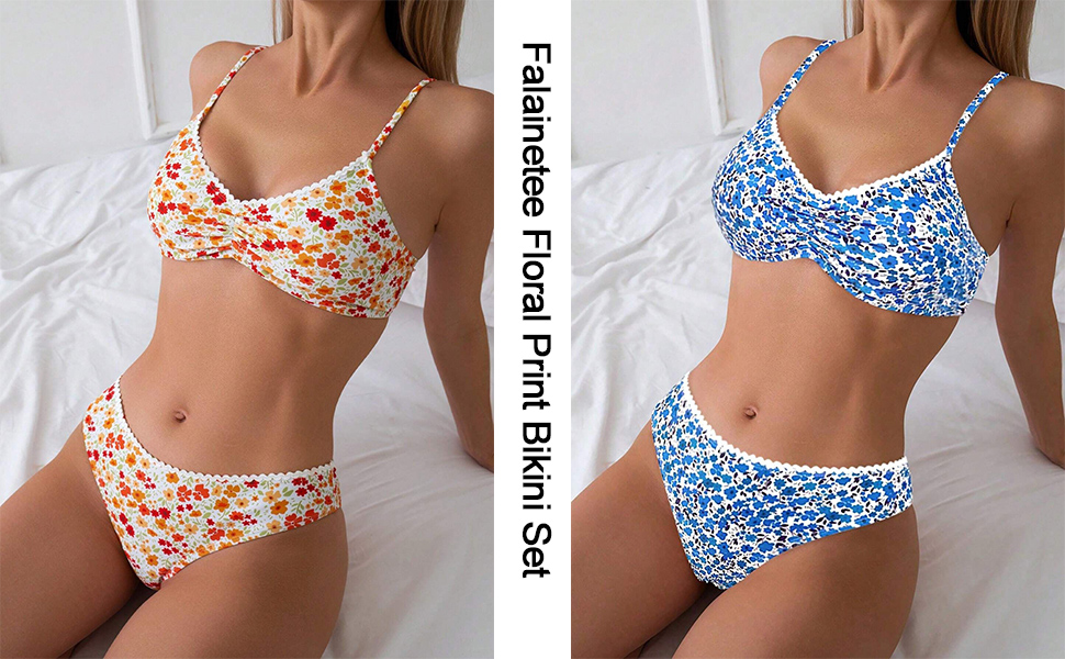 Floral Print Lace Trim Split Spaghetti Strap Bikini Set