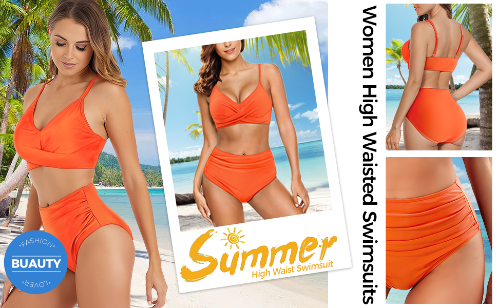 women''s bikini swimsuits two piece tummy control bathing suit with high waisted bikini bottom