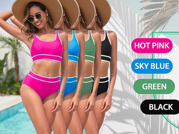 black hot pink orange green bikinis 2 piece cheeky high cut tummy control