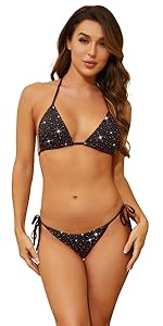 Women Sparkle Glitter Swimwear Shiny Crystal Rhinestones Thong Bikini Sets Tie Side Bathing Suits