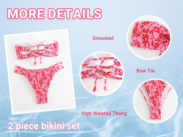 floral  strapless bandeau smocked high waisted bow tie pink bikini set