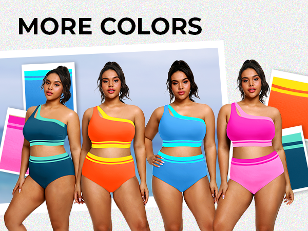 Plus Size Color Block Bikini Sets for Women One Shoulder Swimsuits