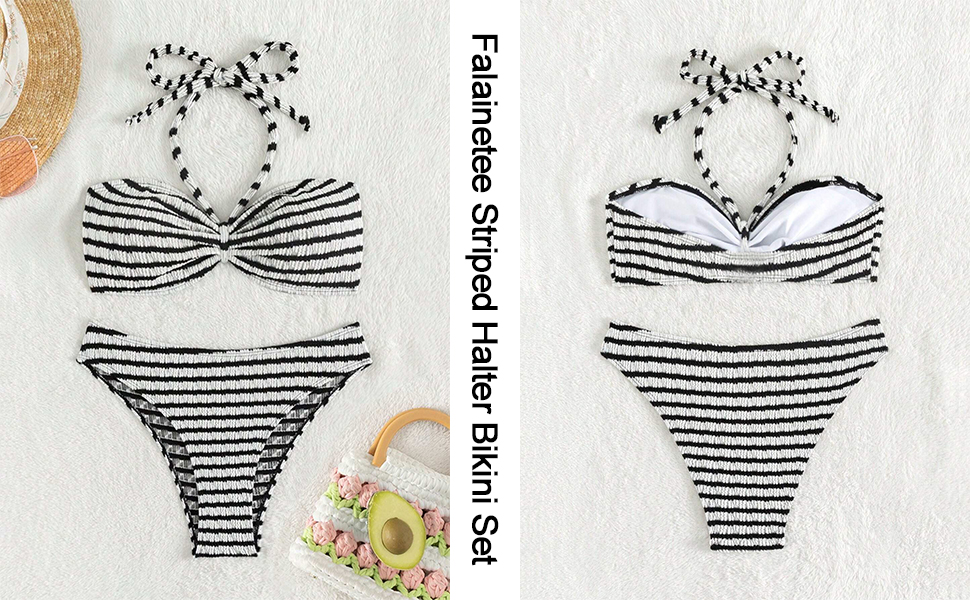 Striped Halter High Waisted Bikini Set