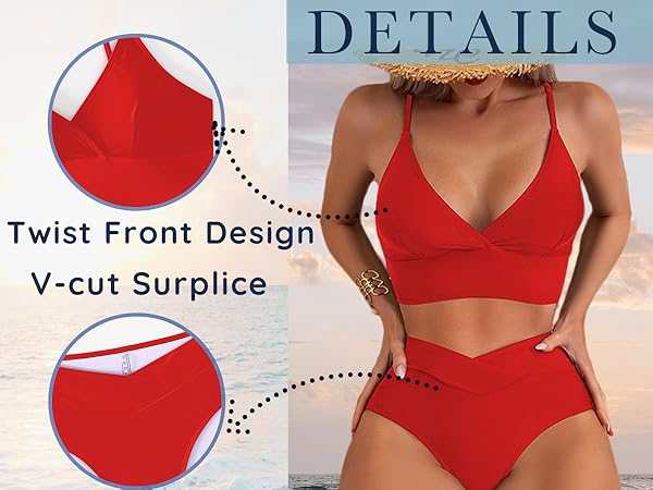 Longline Swimsuit Women 2 Piece High Waisted V-Cut Bottom Tummy Control Details Front