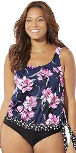 Scoop Neck Relaxed Fit Side Tie Blouson Tankini Top