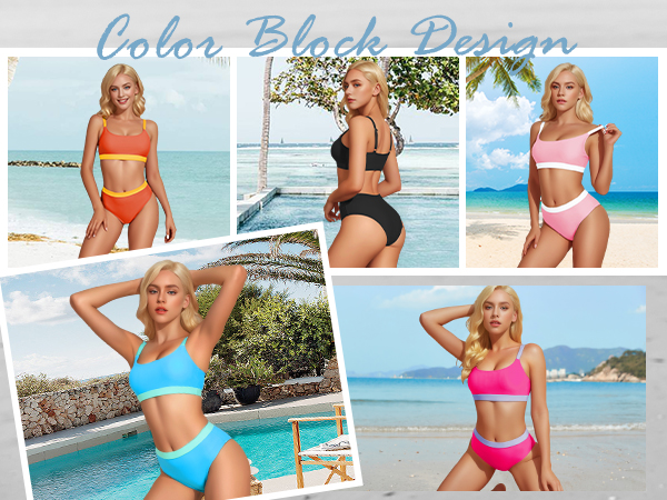 cute bikinis for teen girls color block sporty swimsuits for women swim suits, 