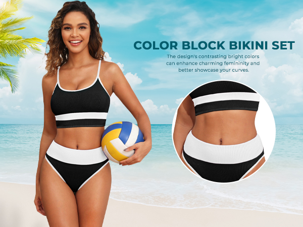 colorblock high waist bikini set tummy control slimming