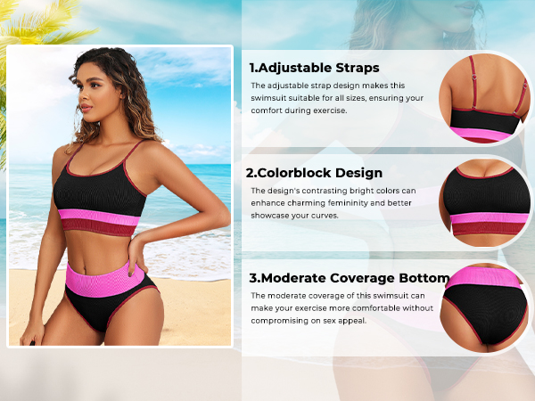 high waisted tummy control bikini sport sporty athletic colorblock black pink