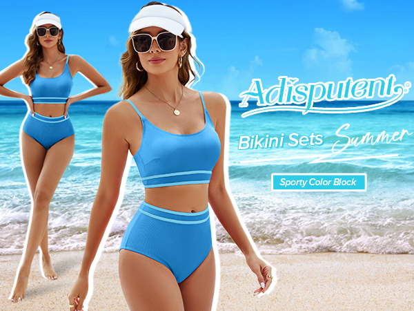 Women''s Bikini Sets Colorblock Trim 2 Piece High Waisted Swimsuit Scoop Neck Adjustable Straps