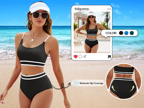 High Waisted Bikini Set for Women Color Block Striped Sporty Swimsuit Knit Ribbed Bathing Suit 