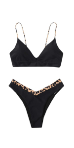 Floerns Women''s 2 Piece Leopard Contrast High Cut Cheeky Tong Bikini Swimsuit