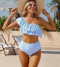 VIMPUNEC Ruffle One Shoulder Swimsuits for Women Cute High Waisted Two Piece Bathing Suits