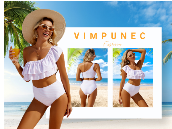 VIMPUNEC Ruffle One Shoulder Swimsuits for Women Cute High Waisted Two Piece Bathing Suits