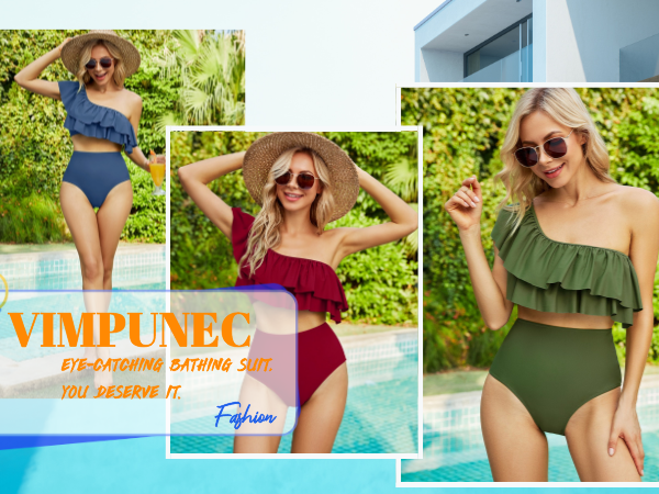 VIMPUNEC Ruffle One Shoulder Swimsuits for Women Cute High Waisted Two Piece Bathing Suits