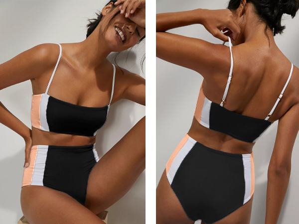 Black Color block Swimsuits