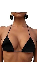 Black Bathing Suit Top, Halter Sting Black Bikini Tops Women Triangle Push Up Swimsuit Top Swimwear