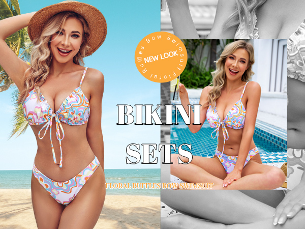 Triangle Cheeky Bikini Sets Floral Ruffles Bow Swimsuit Knotted String Two Pieces Bathing